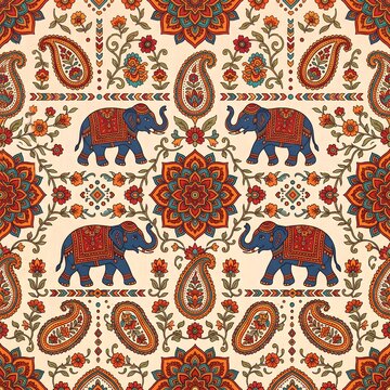 Seamless indian ethnic pattern with blue elephants paisley motifs and traditional mandala ornaments on beige background