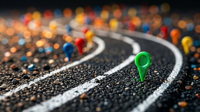 Colorful location pins on a miniature race track, symbolizing strategy and journey