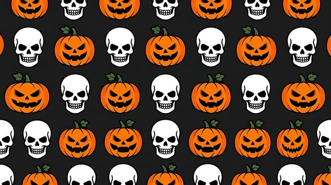 Spooky halloween pattern featuring vibrant orange pumpkins and white skulls against a dark grey background surface