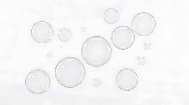 Floating transparent soap bubbles with rainbow reflections isolated on a clean white background