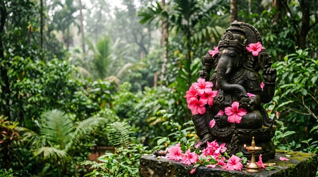 Ancient stone statue adorned with pink flowers in a lush tropical jungle garden with dense green foliage