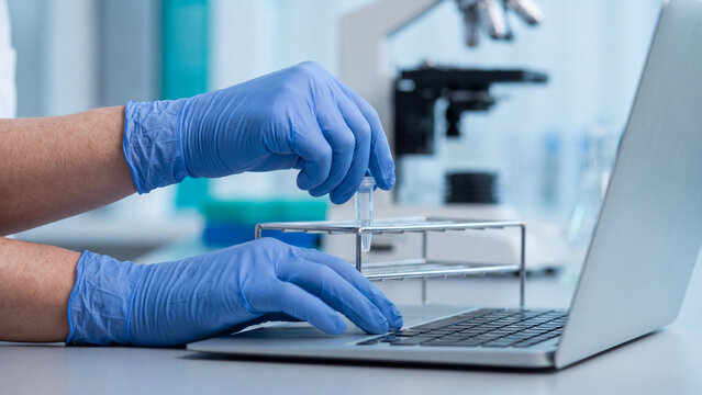 Laboratory sample test and research data entry. Scientist in blue gloves holding tube over rack and typing on laptop with microscope in lab for medical analysis and clinical experiment