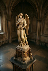 Fototapeta premium Spirituality and faith concept, stone angel statue with wings in a gothic cathedral interior, religious art and divine peace in a historic church