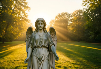 Fototapeta premium Spirituality and peace concept, stone angel statue in a park at sunrise with golden light rays, religious faith and hope in a serene garden setting