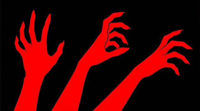 Creepy red monster hands reaching out from darkness depicted in a striking flat vector graphic style