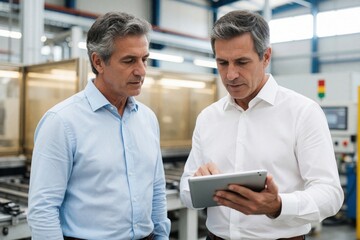 Fototapeta premium Two mature businessmen discuss data on digital tablet in modern factory. Male engineers stand near industrial machinery, analyzing production reports. Senior colleagues use wireless tech for quality