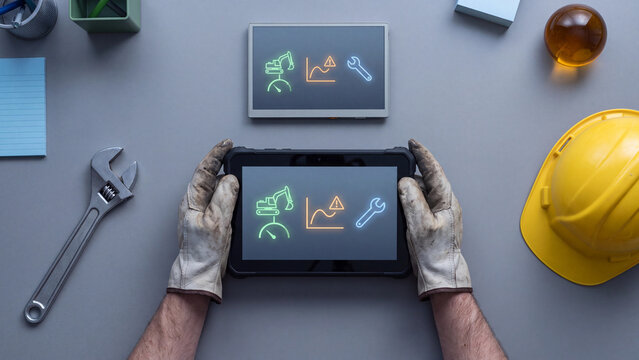 Predictive maintenance and heavy machine diagnostic. Worker in gloves holding rugged tablet with excavator icon, warning chart and wrench tool near hard hat for equipment repair monitoring