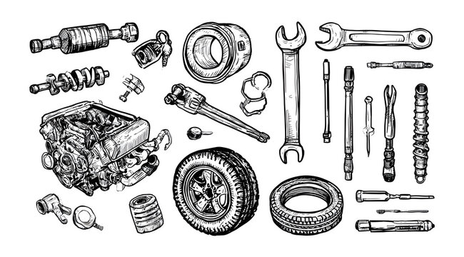 Hand-drawn car parts doodle set with engine, tire, and mechanical tools for auto repair.