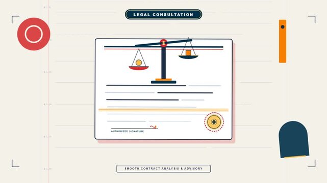 Legal consultation contract analysis concept with animated balance scale and text