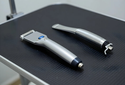 Pet grooming and veterinary care, professional electric hair clippers and dental scaler tool on a textured table for animal hygiene and health