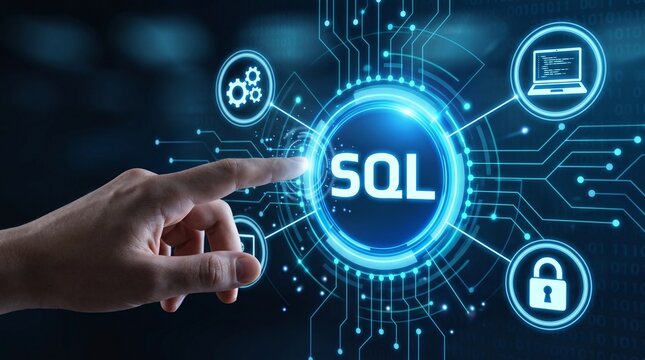 Hand touching SQL button on virtual screen, Structured Query Language database management and network security concept