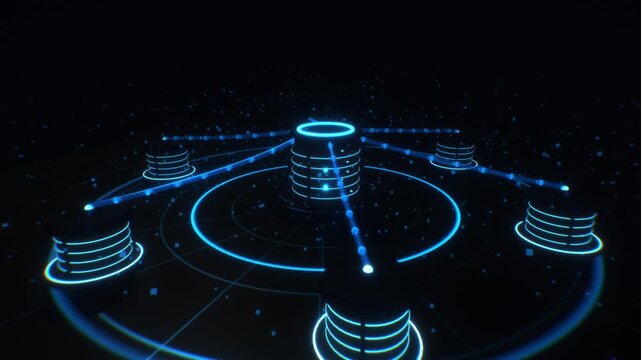 Glowing blue nodes and data lines connect to a central database server in a futuristic 3d motion loop background