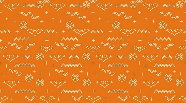 Seamless halloween pattern with cute bats worms and abstract shapes on vibrant orange background texture