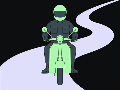 Minimalist Flat Illustration of a Scooter Rider on a Winding Road at Night