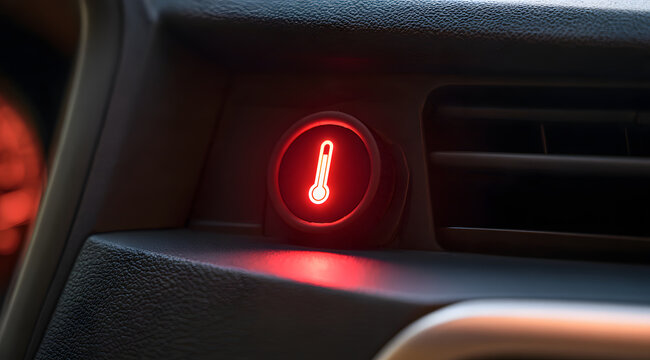 The car's dashboard displays a red warning light symbolizing engine temperature alert.