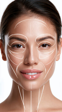 Woman's face featuring precisely mapped white lines. Illustrating targeted facial zones for anti aging treatments. Cosmetic surgery. And modern beauty enhancements