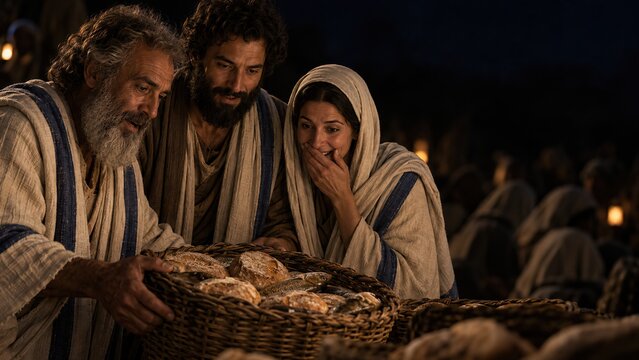 Amazed people holding basket with bread and fish at biblical miracle of loaves multiplication. Crowd gathered at night in ancient Galilee.