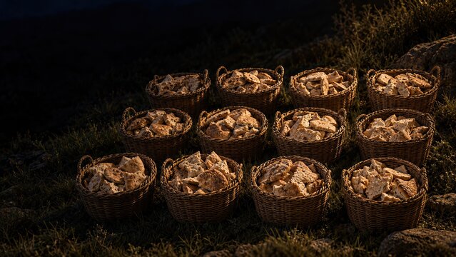 Twelve wicker baskets filled with broken bread pieces rest on dark grass at night. Warm light illuminates the loaves like a biblical miracle scene.