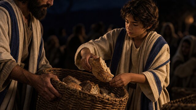 Boy giving bread to Jesus from basket during feeding of five thousand. Child shares loaves in biblical scene at night near sea of Galilee.
