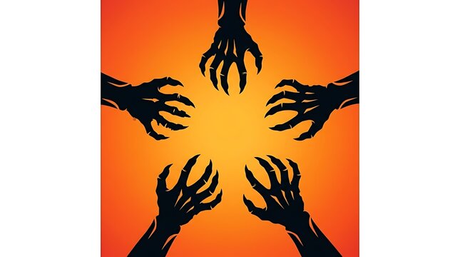 Sinister dark monster claw hands reaching inward against a bright glowing orange and yellow circular background