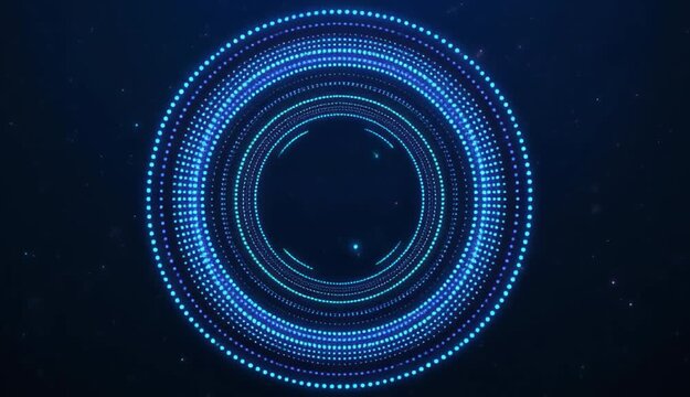 Abstract blue circular HUD elements animate with pulsing light and subtle particle effects on a dark background