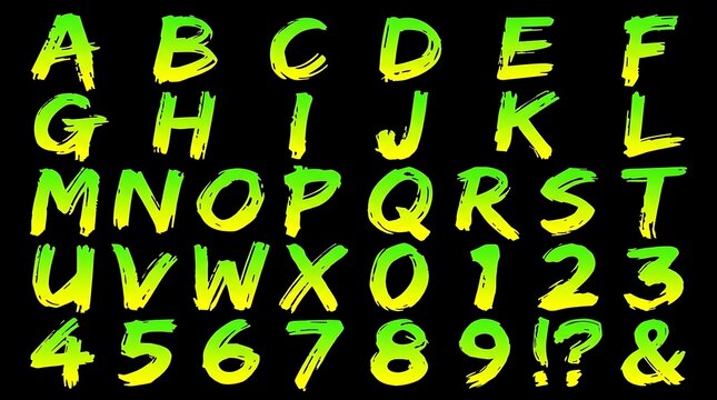 Vibrant neon green graffiti alphabet letters with numbers isolated on a solid dark black background surface