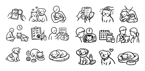 Obraz premium Animal microchipping and aftercare icon set with observation moment routine follow up and care guidance for animal health marketing in hand-drawn sketch style