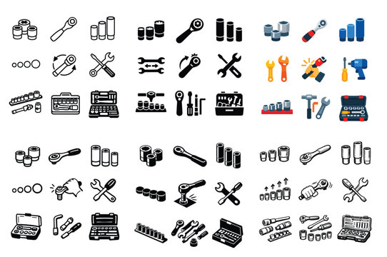tools and repair UI elements with ratchet wrench, socket set, screwdriver for web design in vector art style
