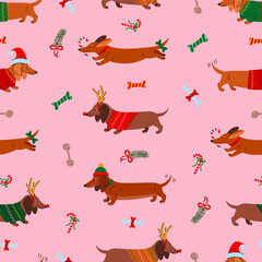 Obraz premium Seamless Christmas pattern with dachshunds in festive attire on pink background. Perfect for holiday designs, gift wrap, or pet products.