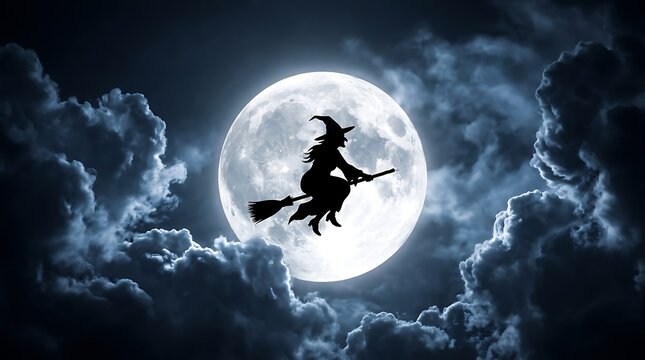 Silhouette of a witch flying on a broomstick across the bright glowing full moon at night