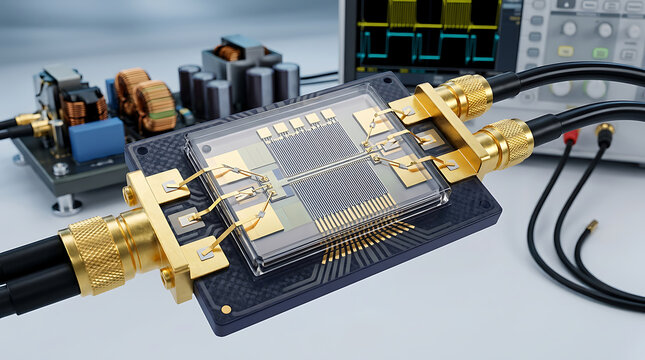 Close-up of a high-frequency electronic circuit board connected to testing cables with electronics technology engineering hardware microchip component
