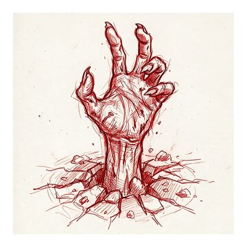 Zombie hand rising from cracked ground red ink sketch for halloween