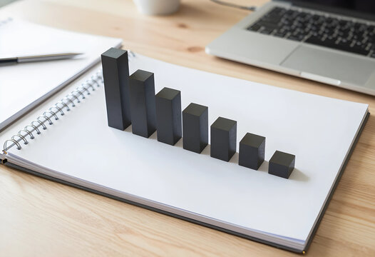 Business decline and economic recession, black bar chart made of wooden blocks showing negative financial growth and market loss on a desk with laptop