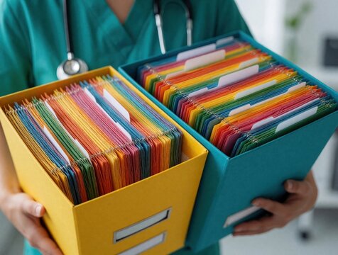 Medical staff holds colorful file folders in health center. Organize patient records, manage medical data efficiently. Systematize healthcare documentation for better care.