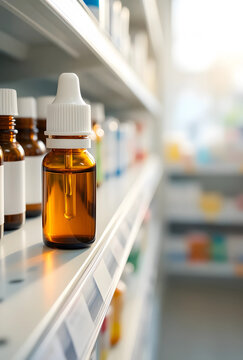 Healthcare access and pharmaceutical supply, amber glass dropper bottle on pharmacy shelf with medical supplies for prescription medication and wellness