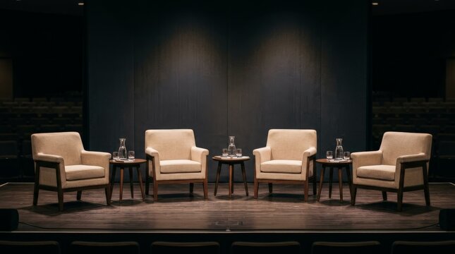 An empty chair boardroom is set up on a stage featuring four beige armchairs and small round wooden tables with water pitchers and glasses against a dark backdrop