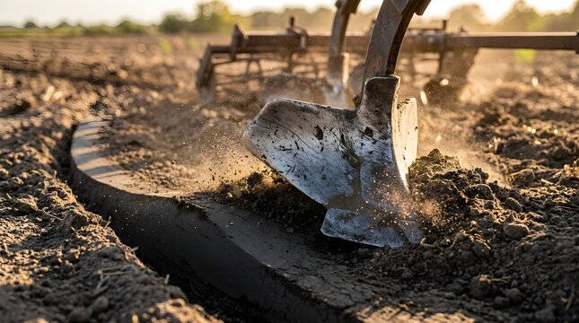 Sharp metal plowshare turning over dark fertile soil during field cultivation with metal plow farming equipment agricultural land farm machinery tilling soil brown soil hard work plowshare