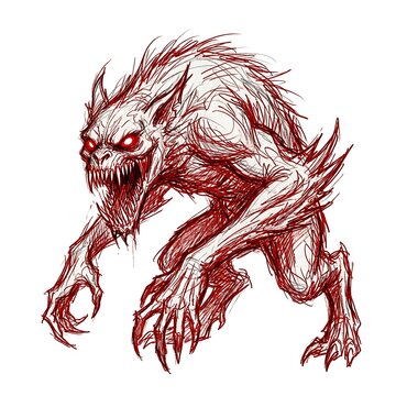 Scary red beast creature sketch with sharp teeth for halloween art
