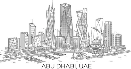 Fototapeta premium Abu Dhabi city skyline vector illustration with modern skyscrapers and architecture landmarks outline design