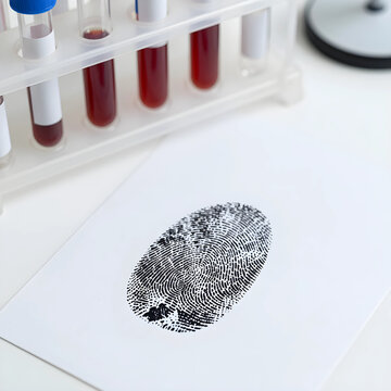 Forensic science and criminal investigation, fingerprint analysis with blood samples in laboratory for DNA testing and identification of suspects