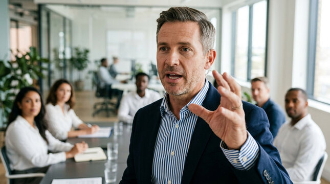Confident businessman presenting to diverse team in modern office meeting room.