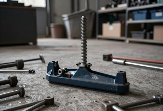 Industrial maintenance and mechanical engineering, heavy duty metal screw jack tool on concrete workshop floor with scattered spare parts and equipment