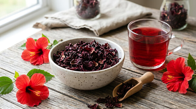 Bowl of dried hibiscus calyxes for tea next to a fresh hibiscus flower and a cup of red herbal infusion with hibiscus infusion beverage botanical blooming