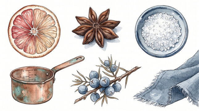 Watercolor winter set featuring a dried grapefruit slice, star anise, bowl of coarse salt, vintage copper saucepan with measurements, juniper berry branch, and folded blue linen cloth. Isolated 