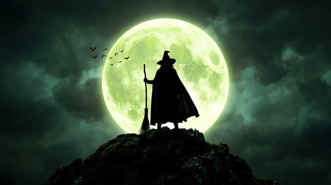 Mysterious witch silhouette standing on dark rocky hill under glowing green full moon at night time