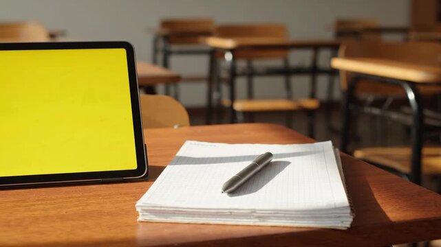 Empty classroom with wooden desks and chairs, a stack of notebooks and a pen resting on a foreground desk, digital tablet with yellow screen background for education concepts