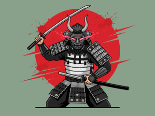 Fototapeta premium Demonic Samurai Warrior with Katanas and Red Sun