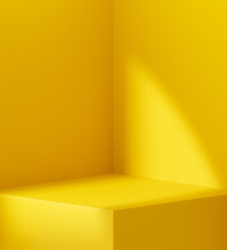 Empty 3D yellow podium display stand background for product mockup presentation with room corner