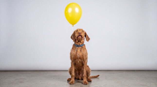 Crazy dog staring at a yellow balloon in a studio setting