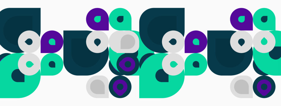 Abstract geometric pattern. Circles, squares, rectangles overlap creating colorful design. Teal, purple, navy dominate composition.